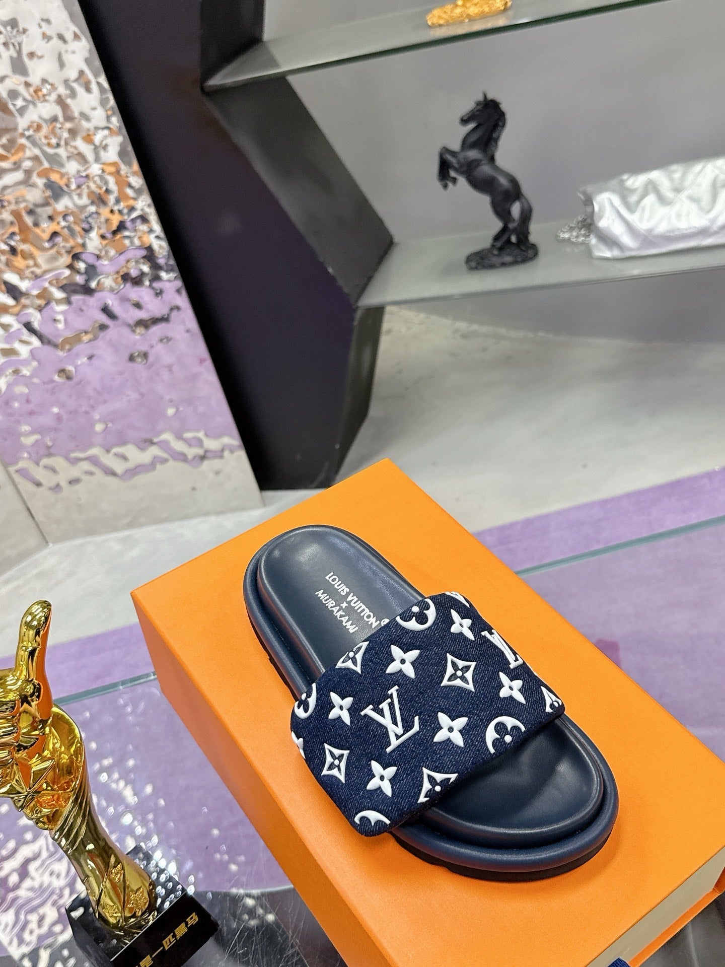 LV 26S POOL PILLOW SLIDES IN NAVY WHITE MONOGRAM DENIM AND CALFSKIN