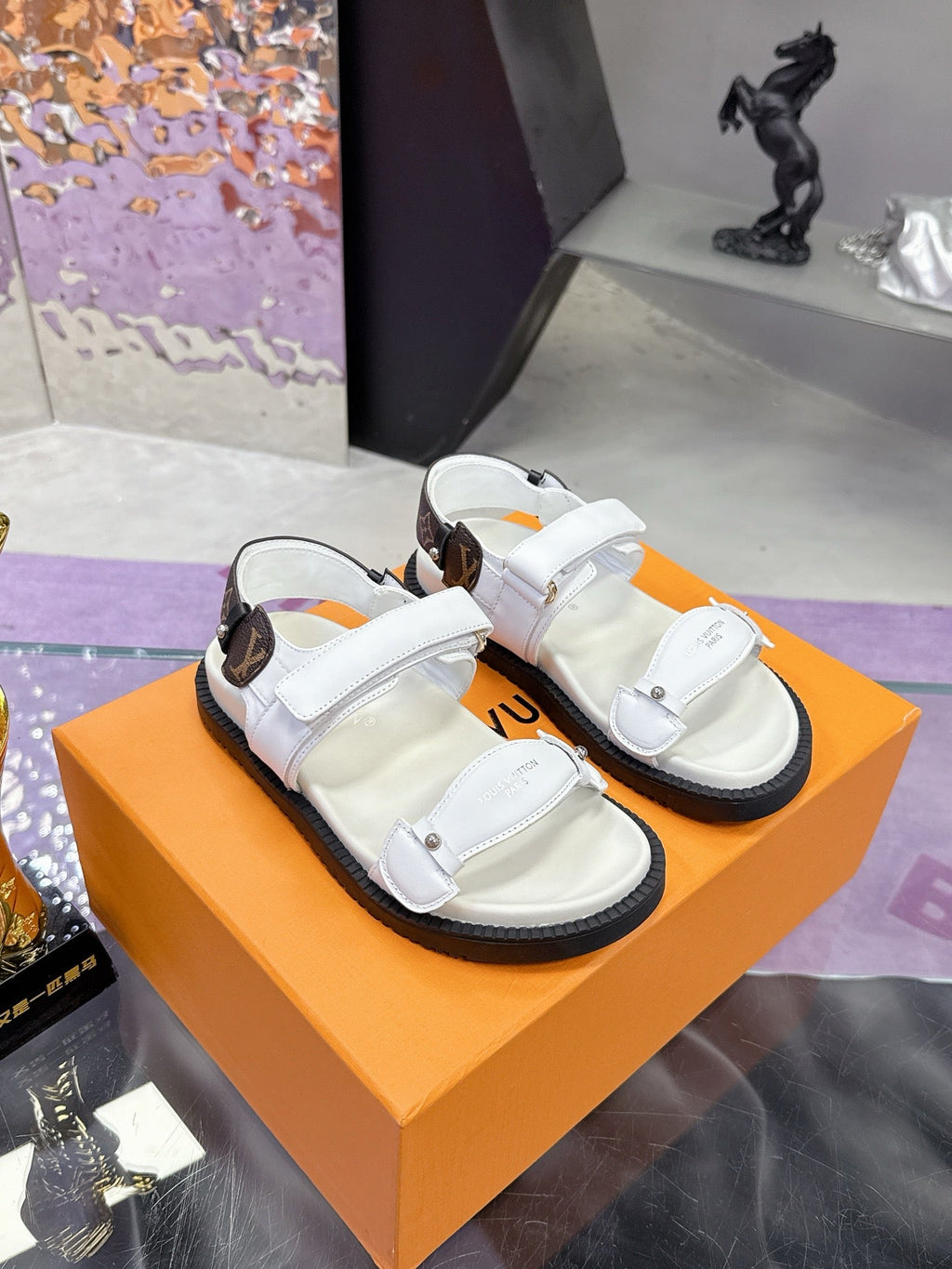 LV 26S SPORT SANDALS IN WHITE AND DARK BROWN CALFSKIN