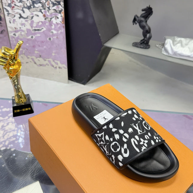LV 26S SLIDE SANDALS IN BLACK WHITE CALFSKIN AND CANVAS