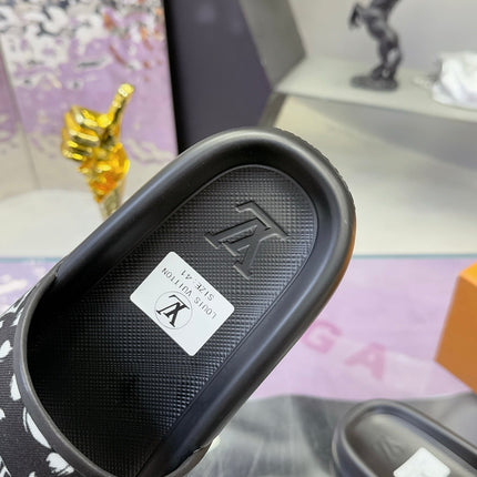 LV 26S SLIDE SANDALS IN BLACK WHITE CALFSKIN AND CANVAS