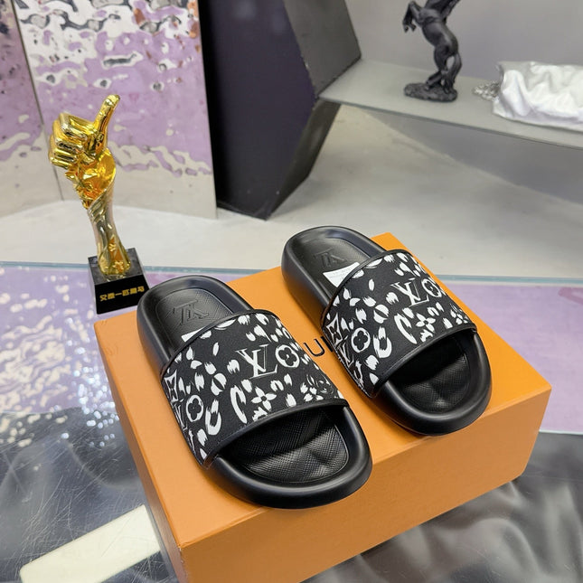 LV 26S SLIDE SANDALS IN BLACK WHITE CALFSKIN AND CANVAS