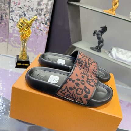 LV 26S SLIDE SANDALS IN BLACK BROWN CALFSKIN AND CANVAS