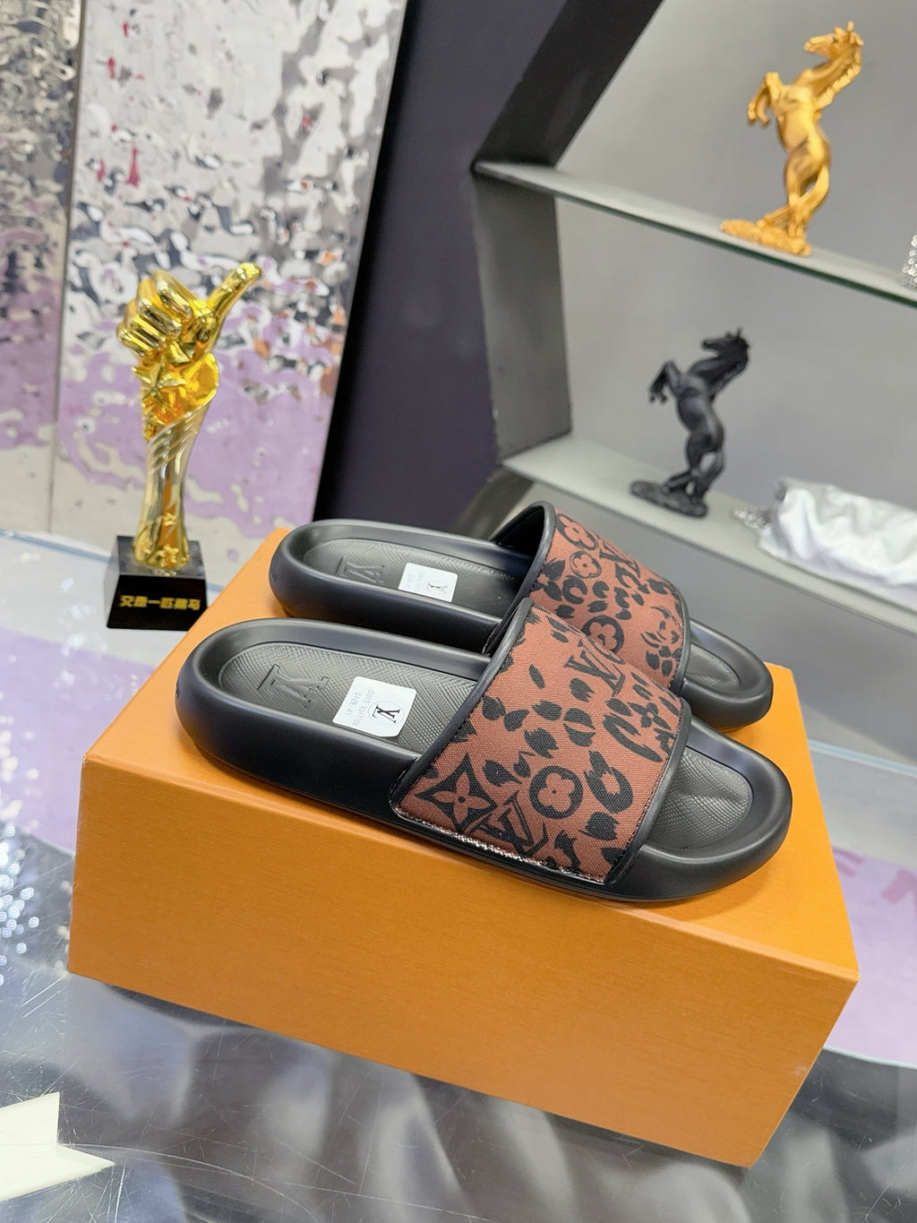 LV 26S SLIDE SANDALS IN BLACK BROWN CALFSKIN AND CANVAS