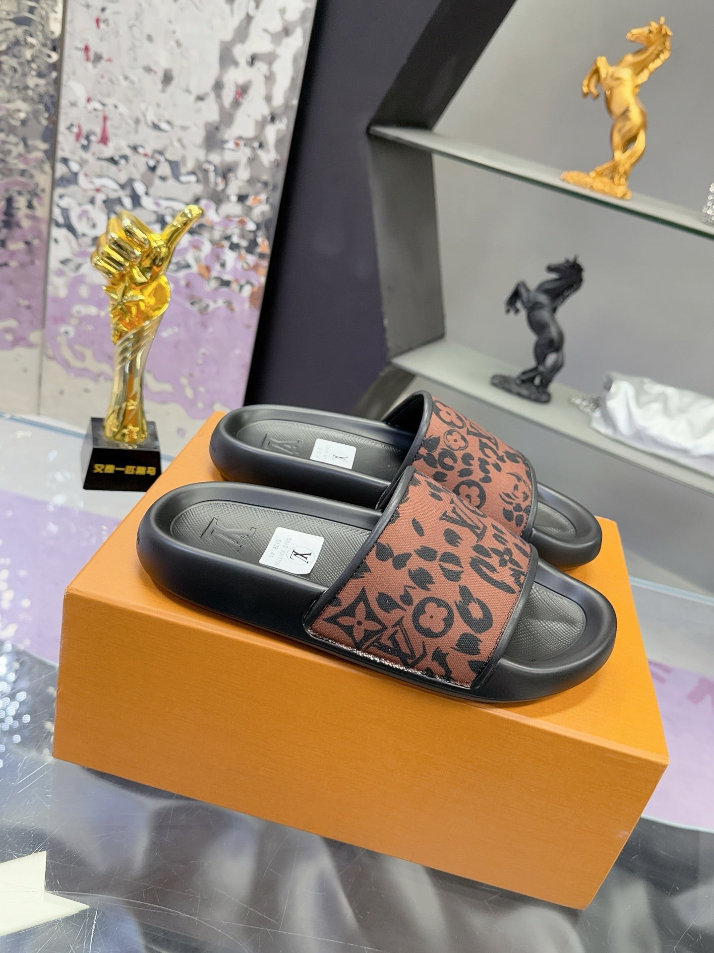 LV 26S SLIDE SANDALS IN BLACK BROWN CALFSKIN AND CANVAS