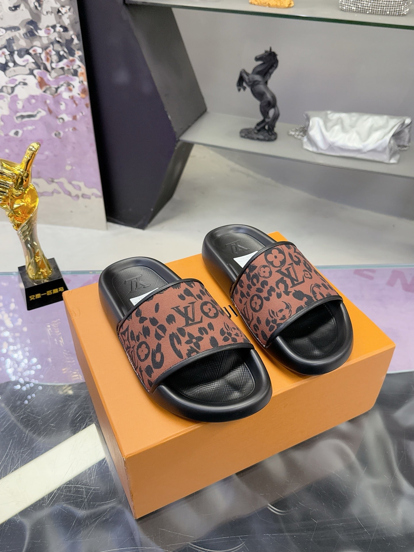 LV 26S SLIDE SANDALS IN BLACK BROWN CALFSKIN AND CANVAS