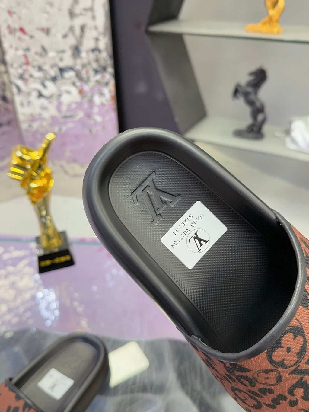 LV 26S SLIDE SANDALS IN BLACK BROWN CALFSKIN AND CANVAS