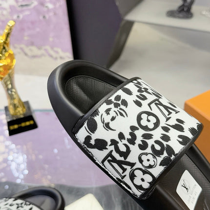 LV 26S SLIDE SANDALS IN WHITE BLACK CALFSKIN AND CANVAS