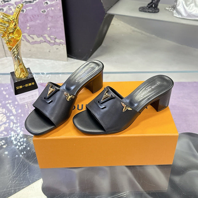 LV 26S BLOCK HEEL MULE SANDALS IN BLACK CALFSKIN GOLD HARDWARE