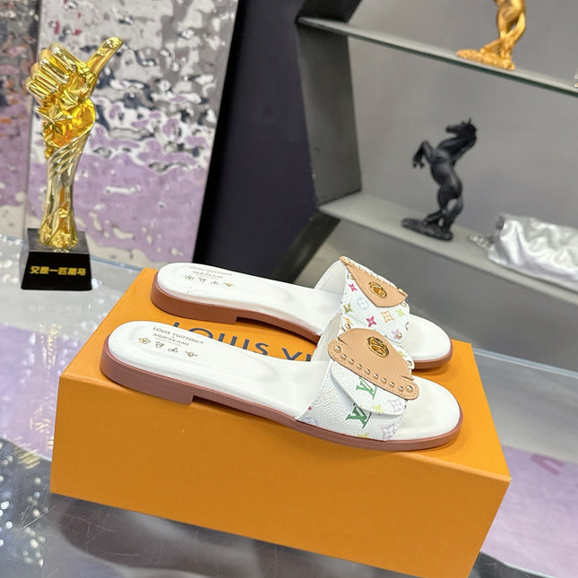 LV 26S FLAT SLIDE SANDALS IN WHITE MULTICOLOR CALFSKIN GOLD HARDWARE