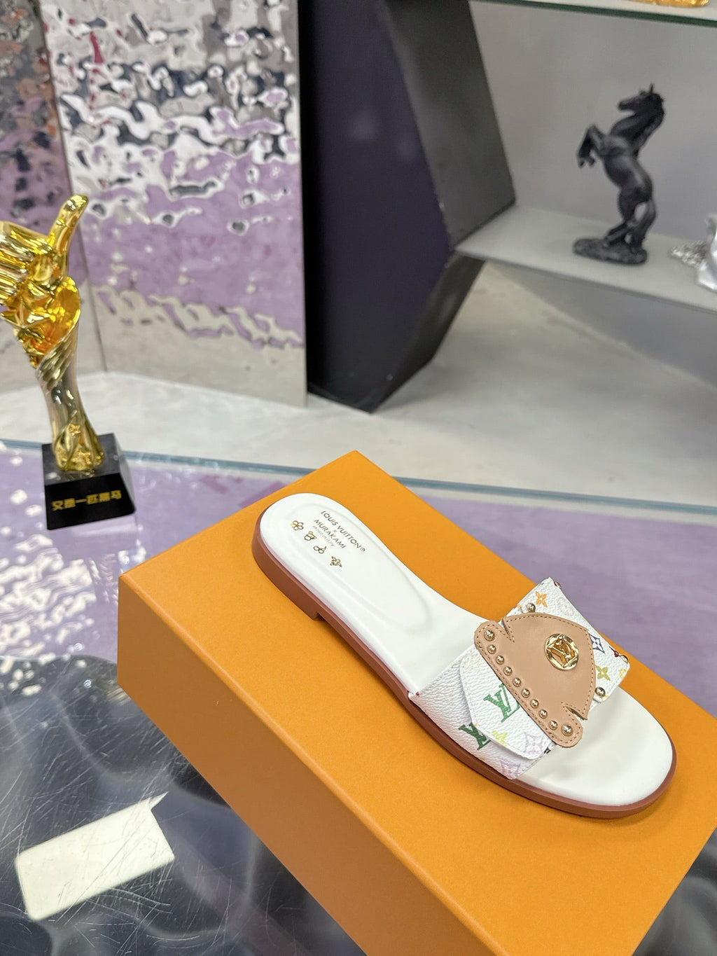 LV 26S FLAT SLIDE SANDALS IN WHITE MULTICOLOR CALFSKIN GOLD HARDWARE