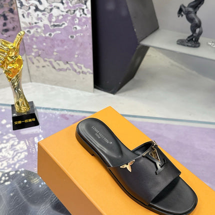 LV 26S FLAT SLIDE SANDALS IN BLACK CALFSKIN GOLD HARDWARE