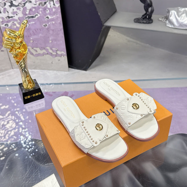 LV 26S FLAT SLIDE SANDALS IN WHITE EMBOSSED CALFSKIN GOLD HARDWARE