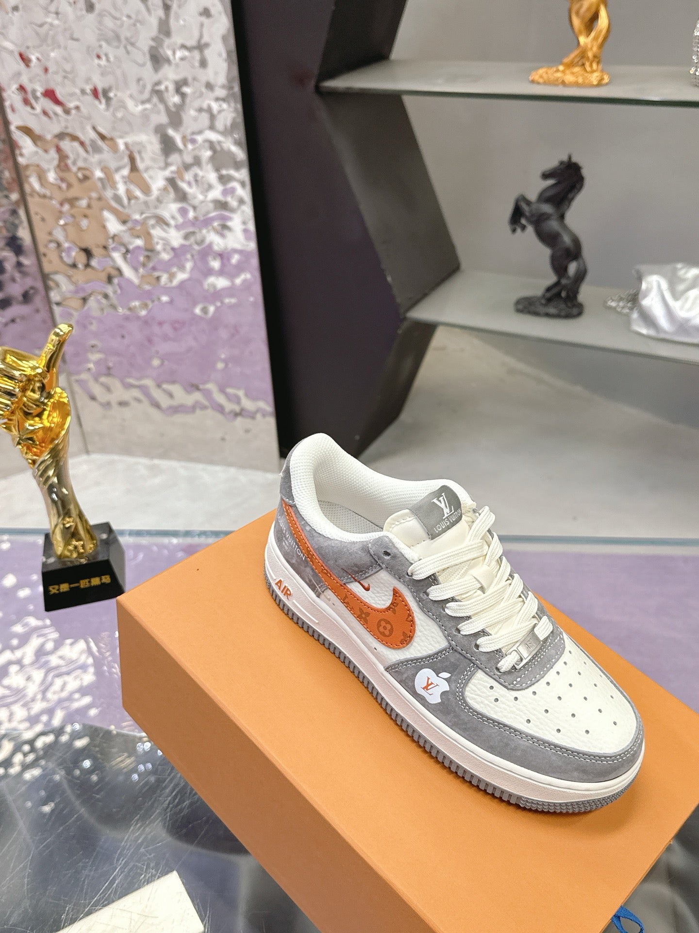 LV 26S DUNK LOW SNEAKERS IN WHITE GREY ORANGE MONOGRAM SWOOSH CALFSKIN