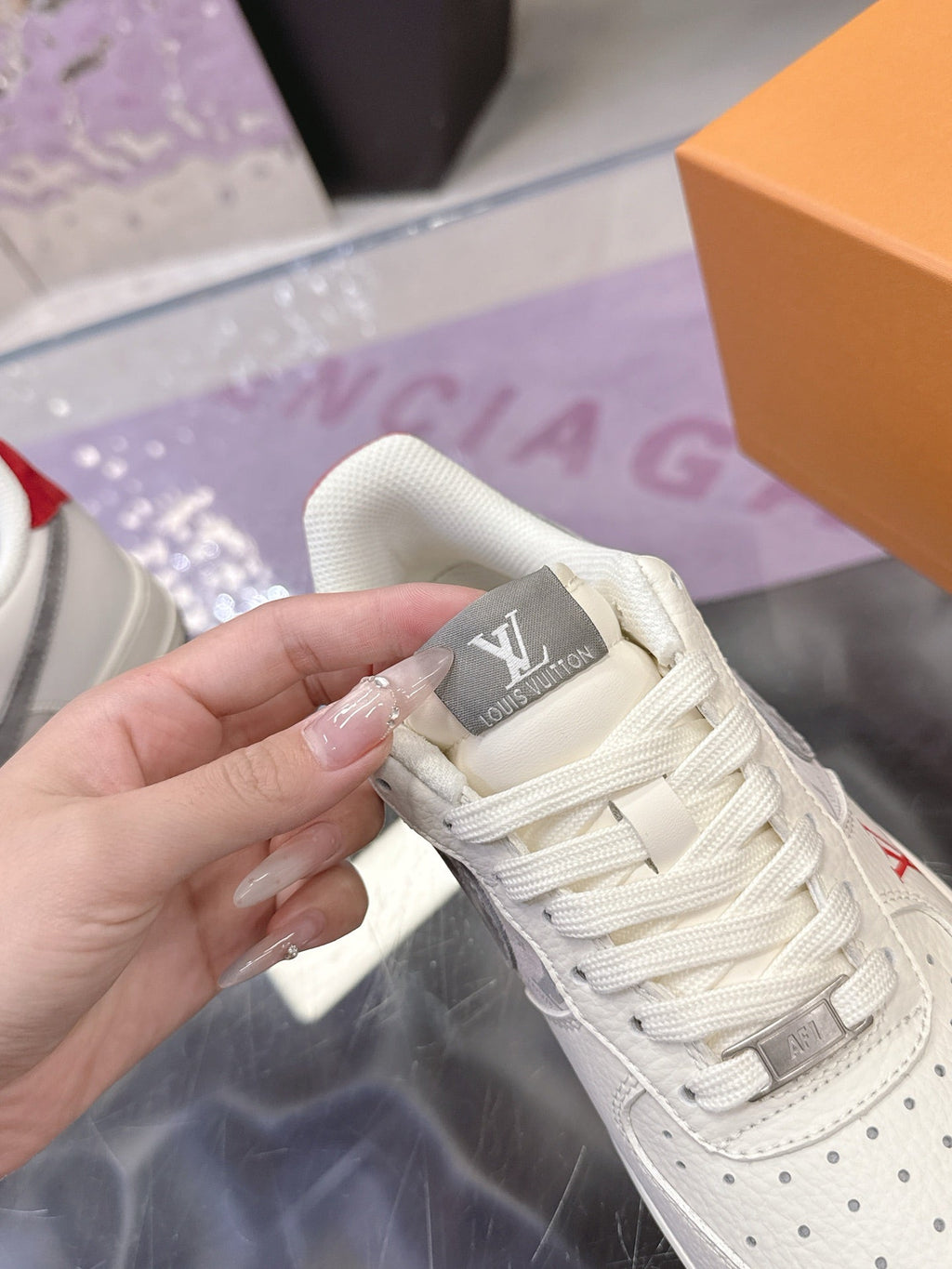 LV 26S DUNK LOW SNEAKERS IN WHITE GREY MONOGRAM SWOOSH CALFSKIN