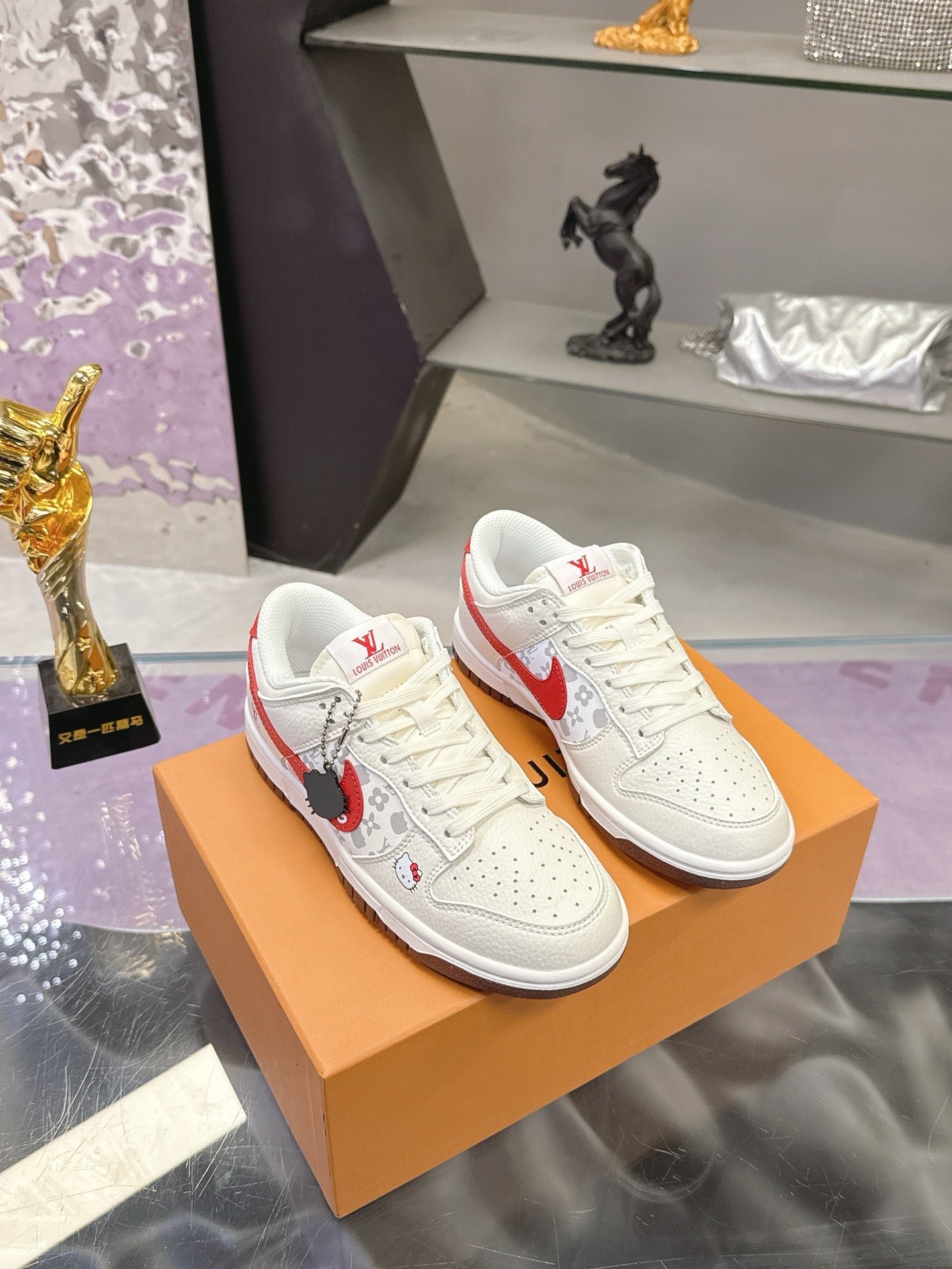 LV 26S DUNK LOW SNEAKERS IN WHITE RED HELLO KITTY MONOGRAM CALFSKIN