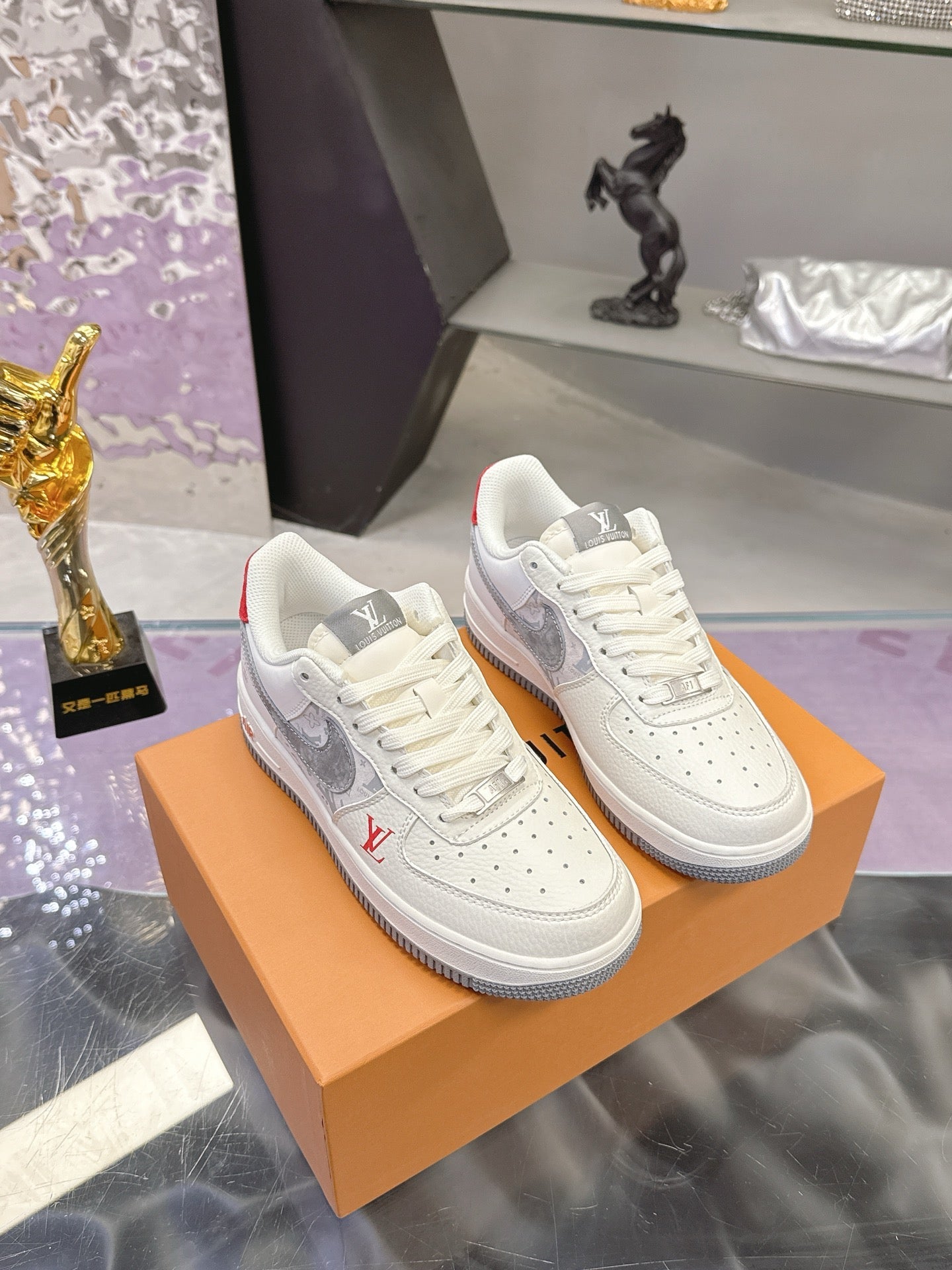 LV 26S DUNK LOW SNEAKERS IN WHITE GREY MONOGRAM SWOOSH CALFSKIN