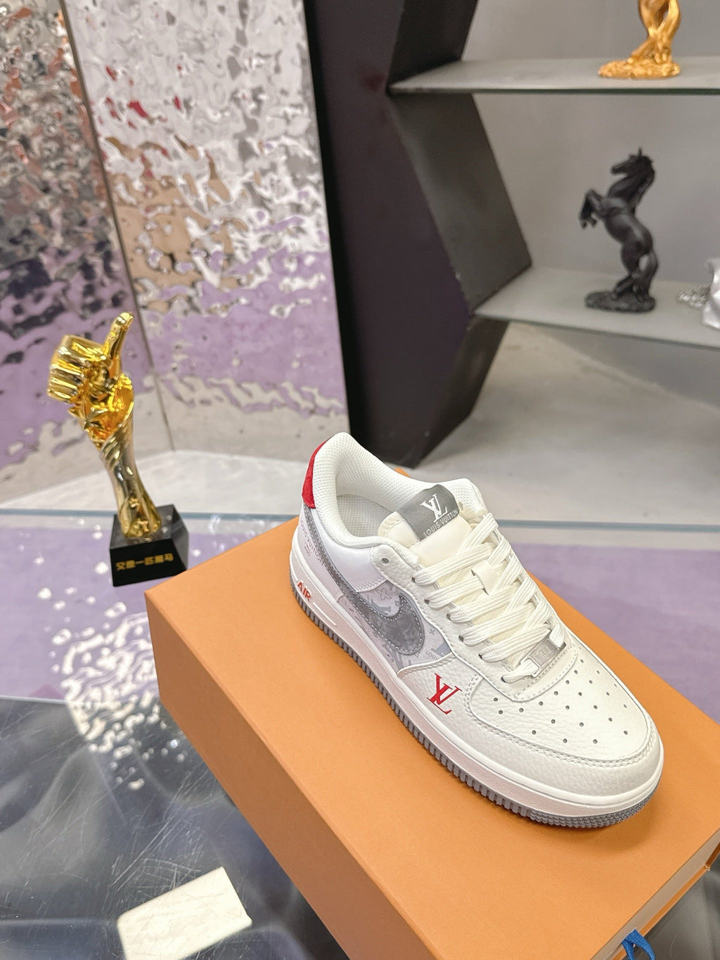 LV 26S DUNK LOW SNEAKERS IN WHITE GREY MONOGRAM SWOOSH CALFSKIN