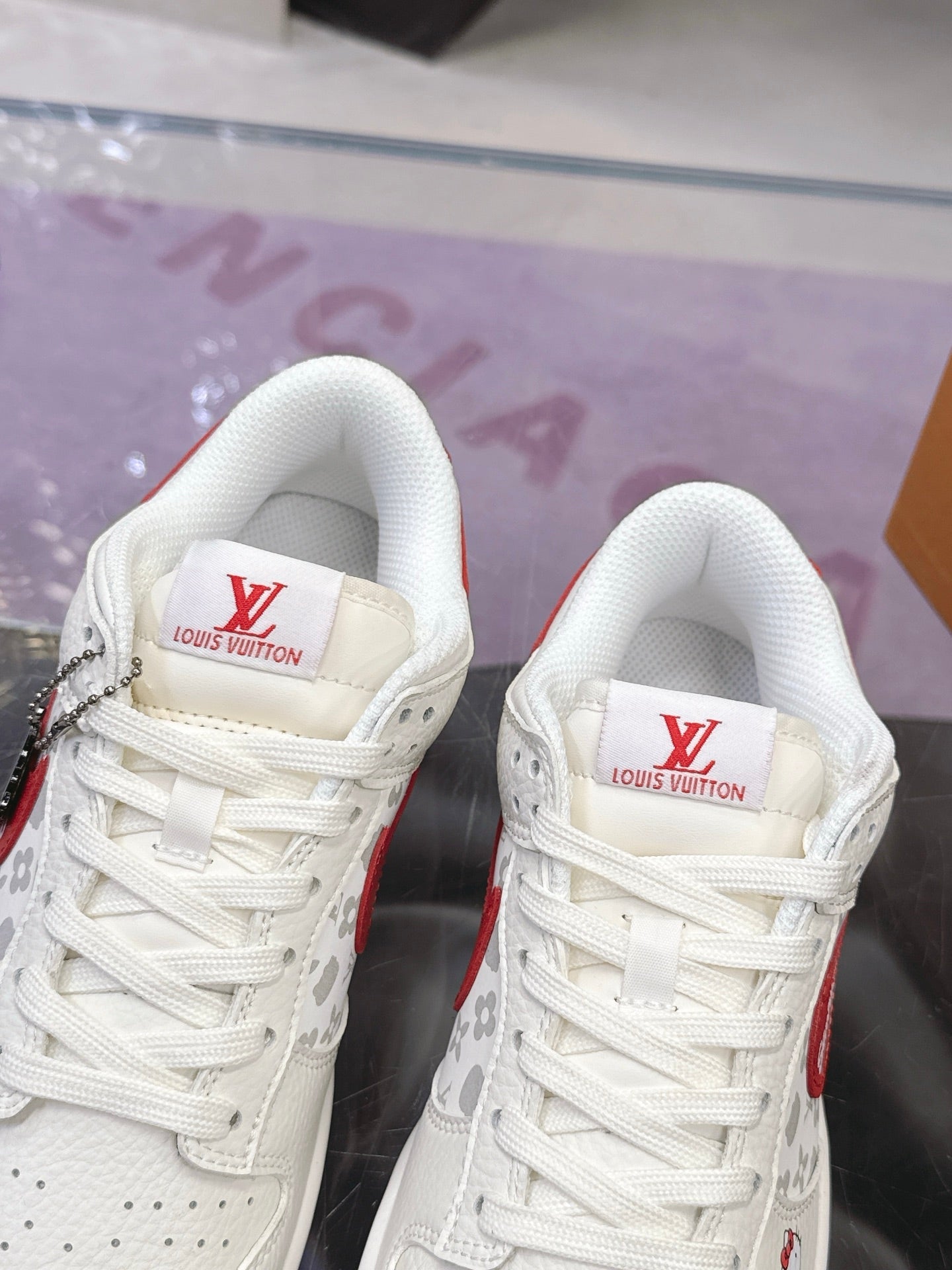 LV 26S DUNK LOW SNEAKERS IN WHITE RED HELLO KITTY MONOGRAM CALFSKIN