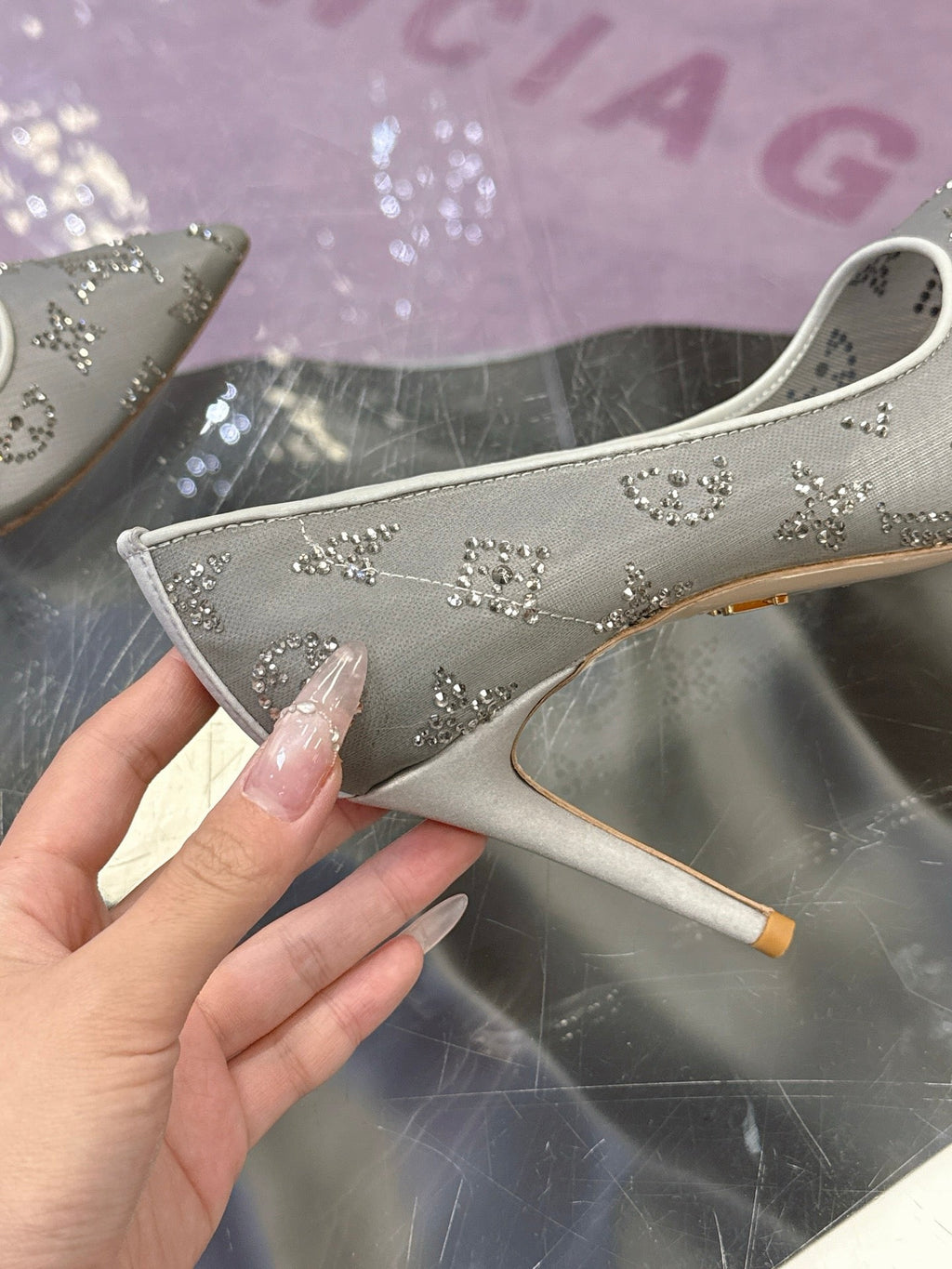 LV 26S GALA HIGH HEELS 85MM IN GREY MESH WITH WITH RHINESTONES