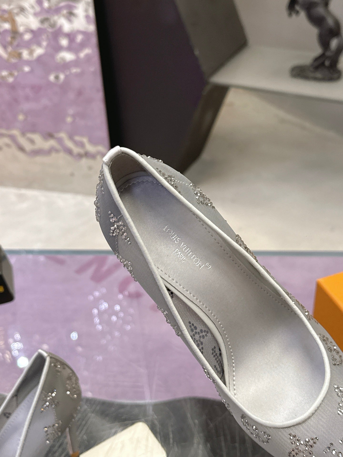 LV 26S GALA HIGH HEELS 85MM IN GREY MESH WITH WITH RHINESTONES