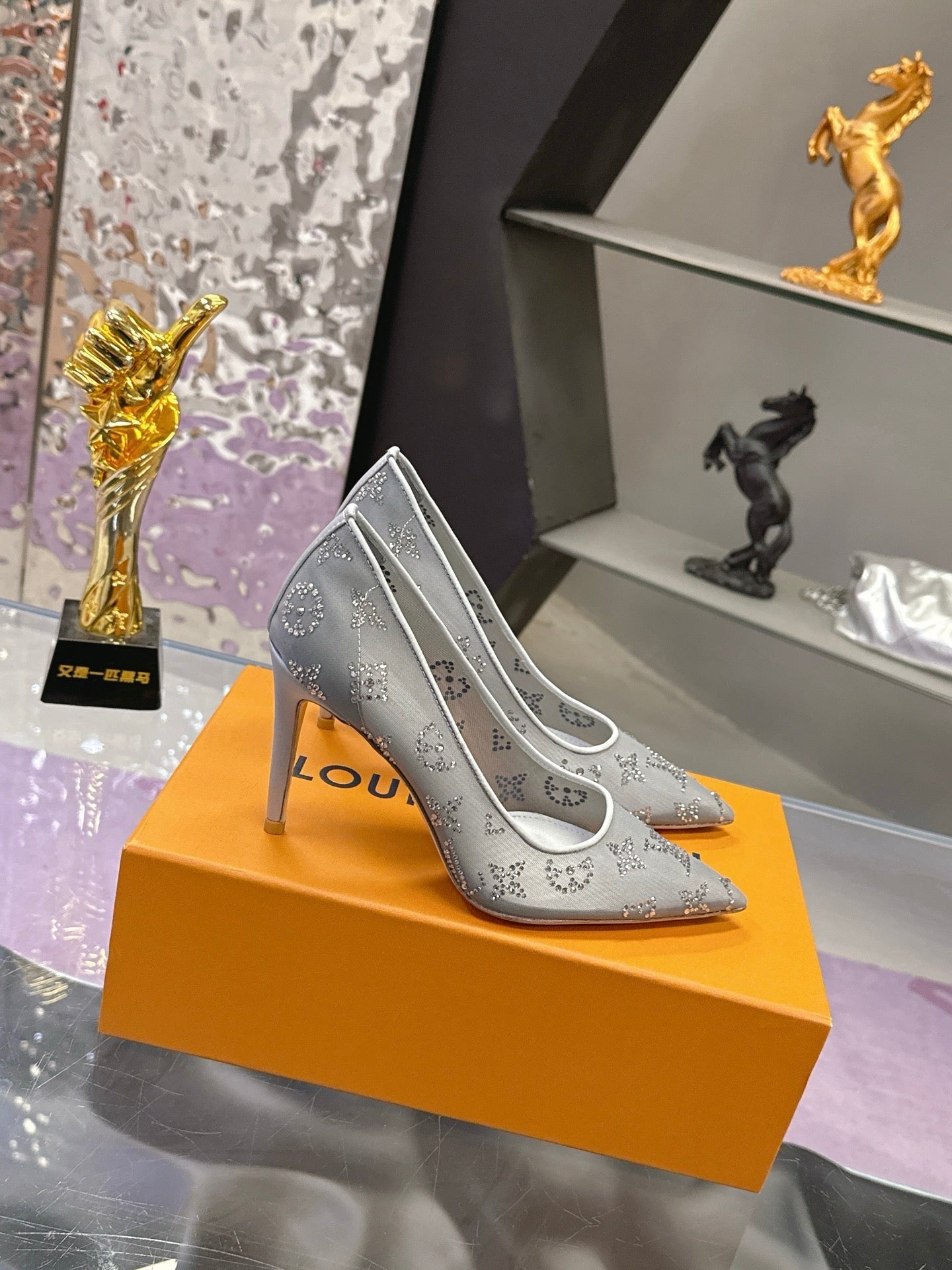 LV 26S GALA HIGH HEELS 85MM IN GREY MESH WITH WITH RHINESTONES