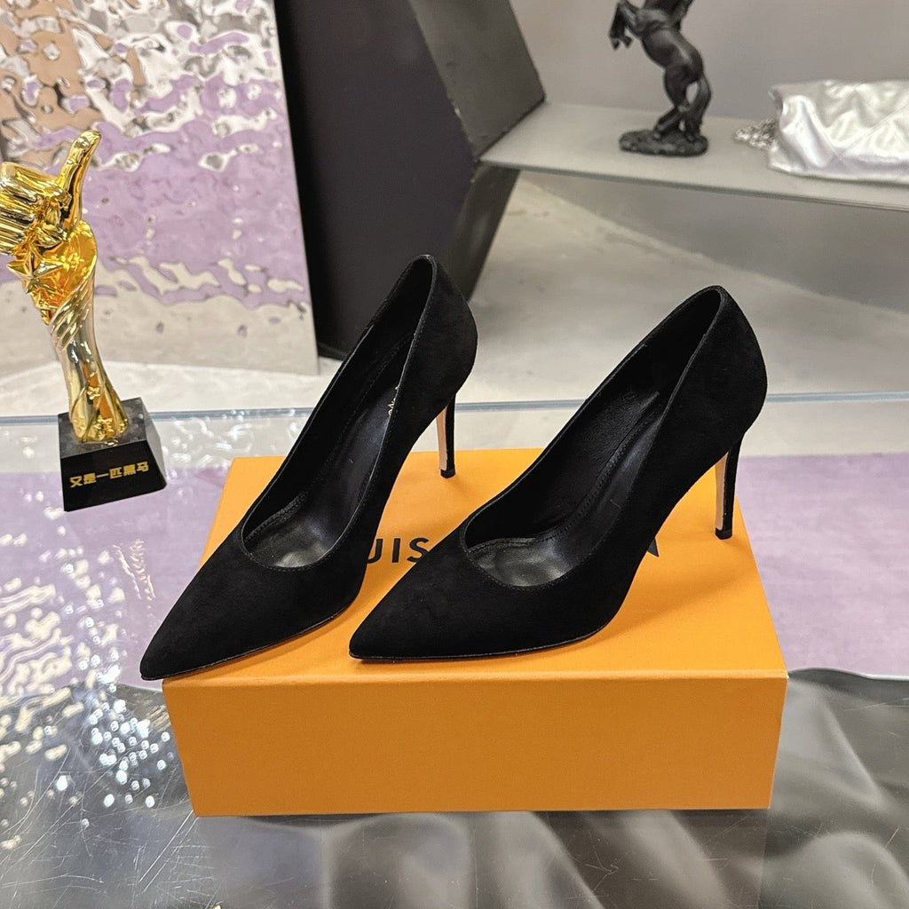 LV 26S POINTED TOE PUMPS 85MM IN BLACK SUEDE