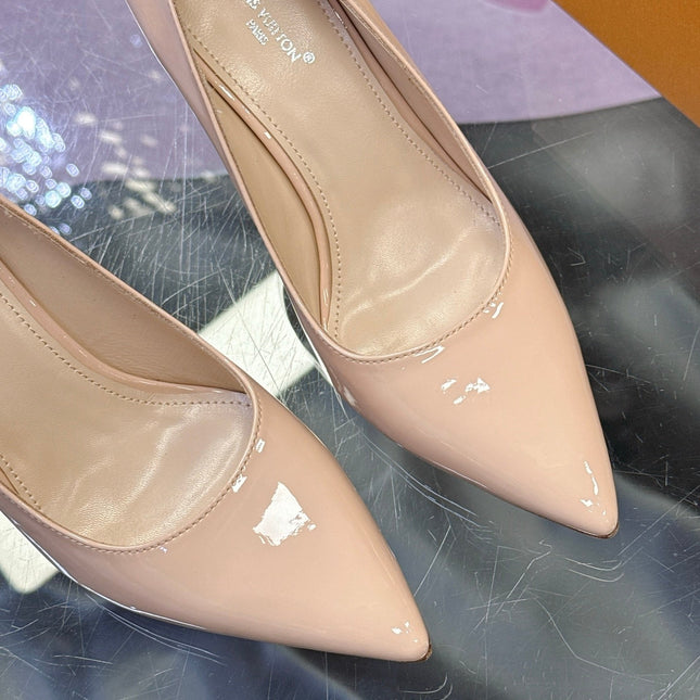 LV 26S POINTED TOE PUMPS 85MM IN NUDE BEIGE PATENT CALFSKIN