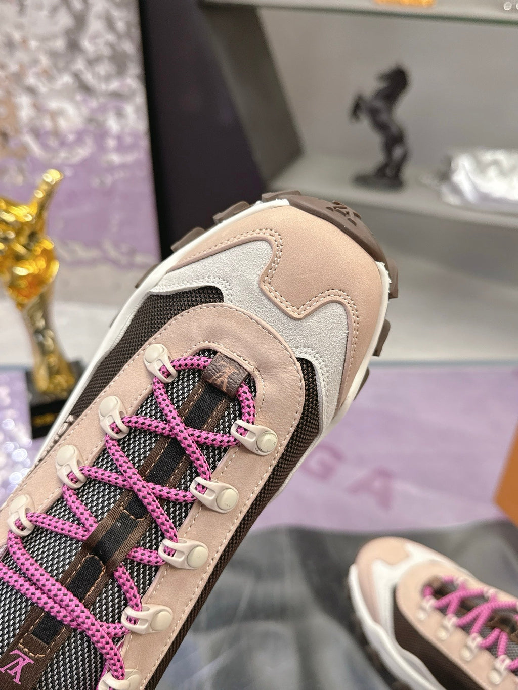 LV 26S RUSH XPLORER SNEAKER IN PINK BROWN SUEDE AND FABRIC