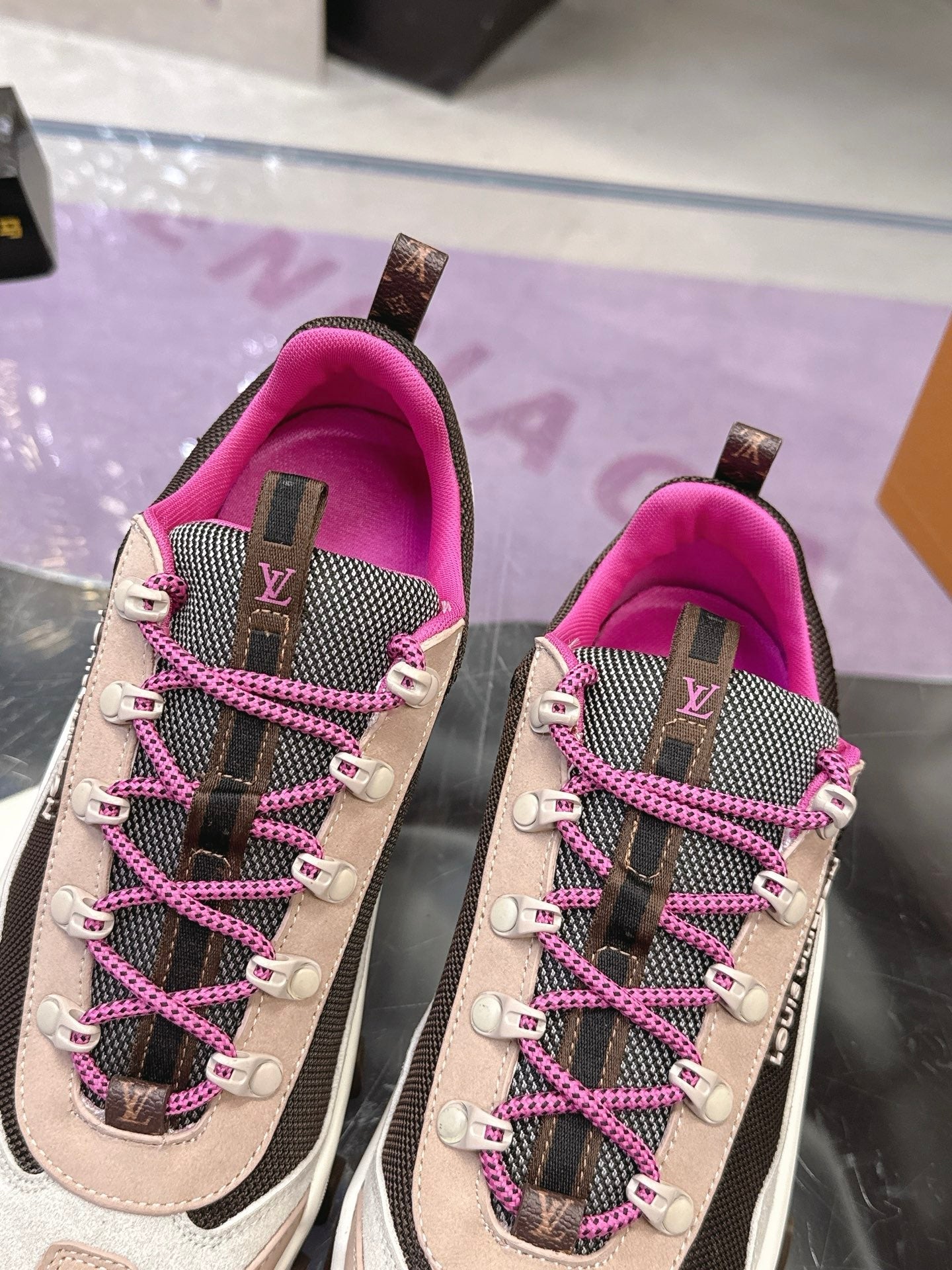 LV 26S RUSH XPLORER SNEAKER IN PINK BROWN SUEDE AND FABRIC