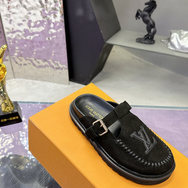 LV 26S MULE SLIDES IN BLACK SUEDE BUCKLE STRAP