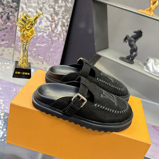 LV 26S MULE SLIDES IN BLACK SUEDE BUCKLE STRAP