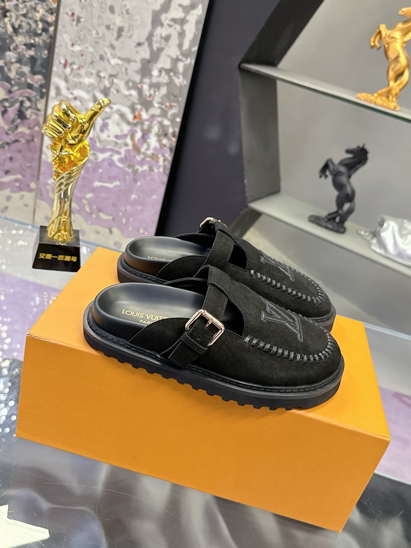 LV 26S MULE SLIDES IN BLACK SUEDE BUCKLE STRAP
