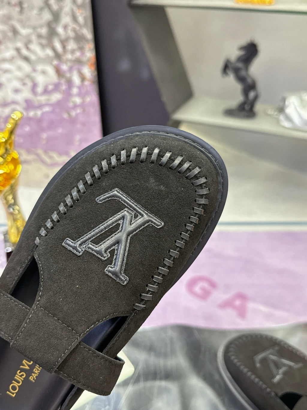 LV 26S MULE SLIDES IN BLACK SUEDE BUCKLE STRAP