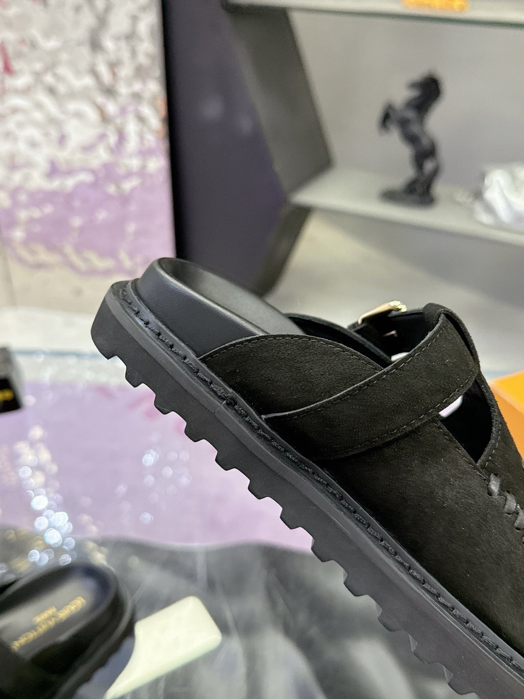 LV 26S MULE SLIDES IN BLACK SUEDE BUCKLE STRAP