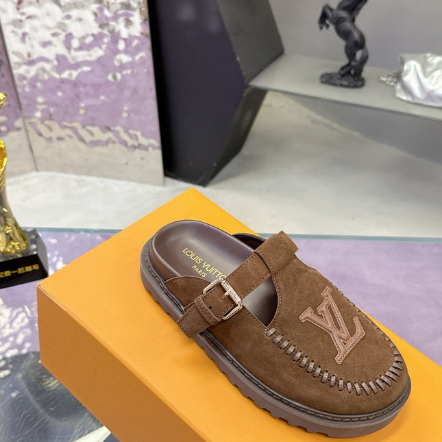 LV 26S MULE SLIDES IN DARK BROWN SUEDE BUCKLE STRAP