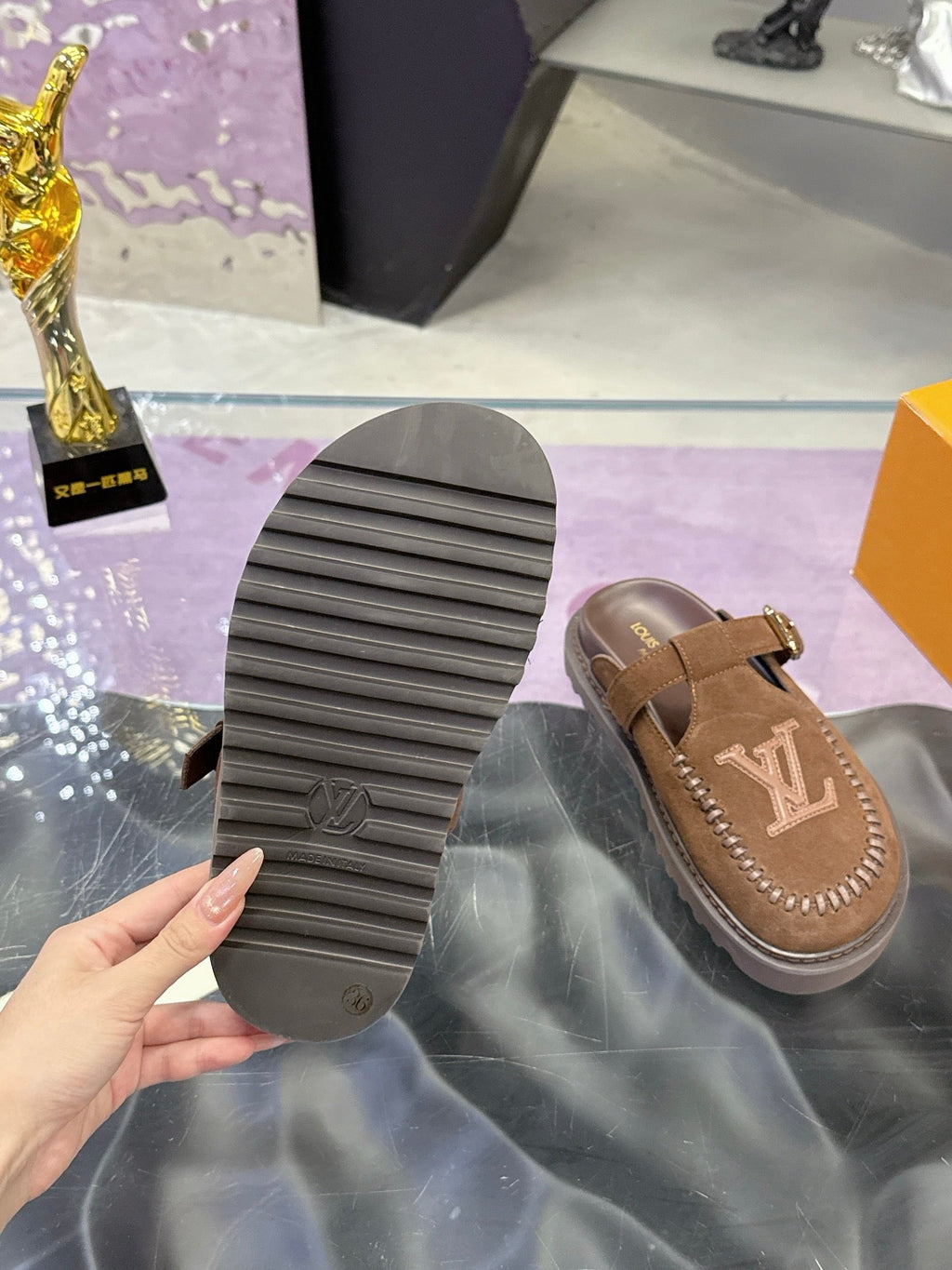 LV 26S MULE SLIDES IN DARK BROWN SUEDE BUCKLE STRAP