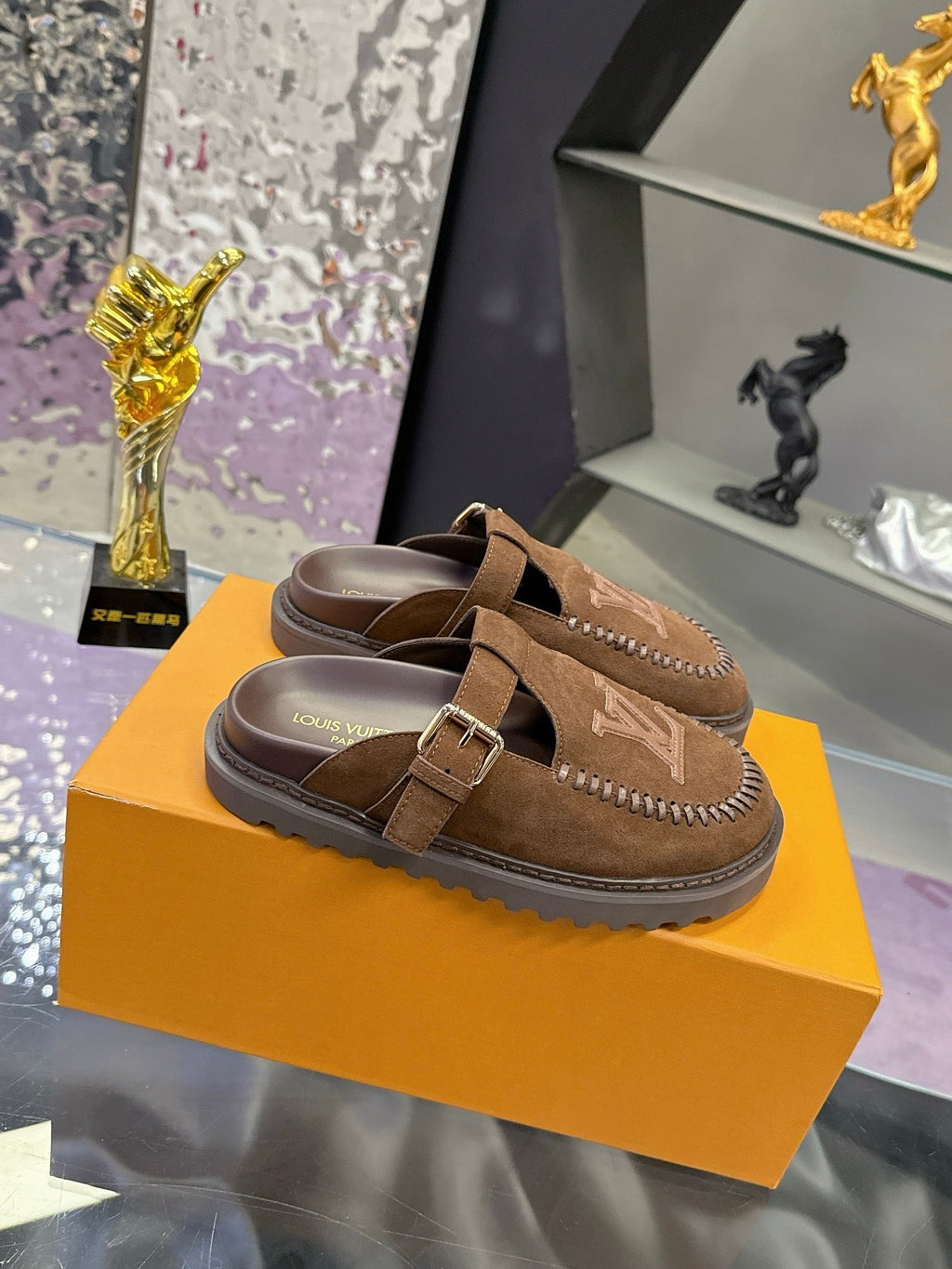 LV 26S MULE SLIDES IN DARK BROWN SUEDE BUCKLE STRAP