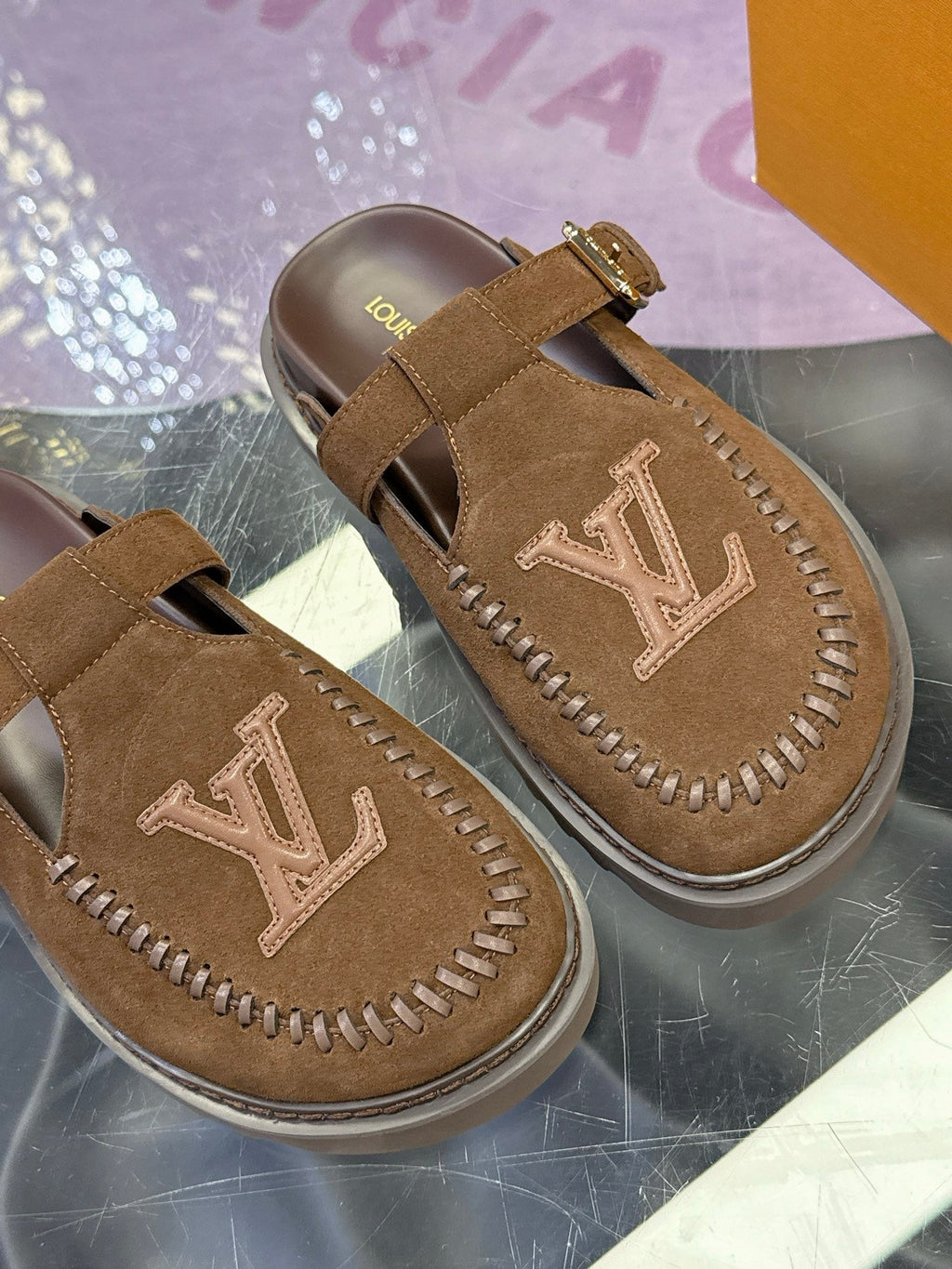 LV 26S MULE SLIDES IN DARK BROWN SUEDE BUCKLE STRAP