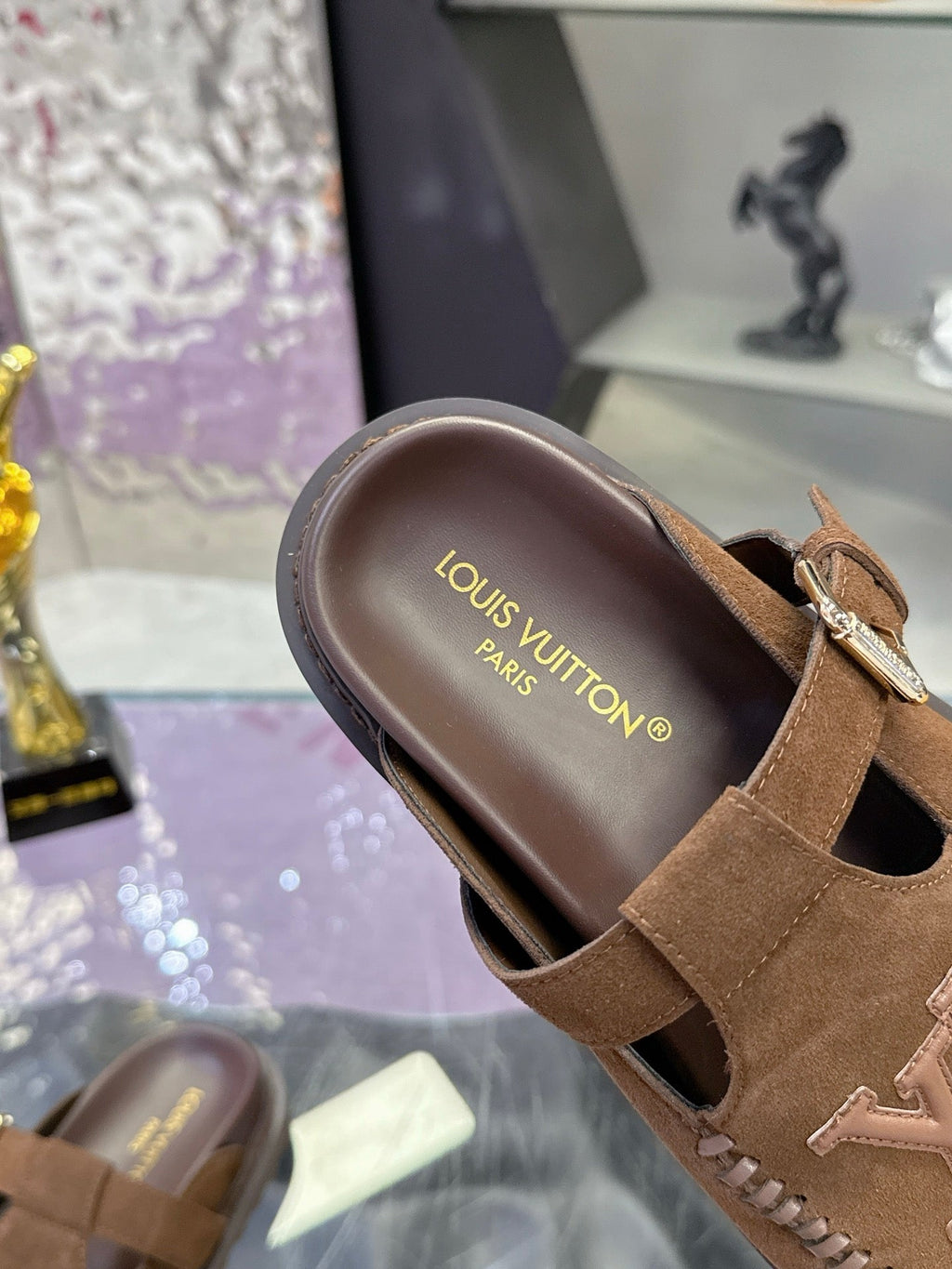 LV 26S MULE SLIDES IN DARK BROWN SUEDE BUCKLE STRAP