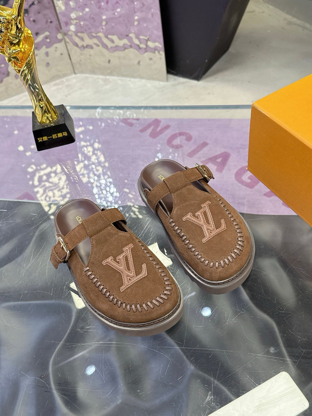 LV 26S MULE SLIDES IN DARK BROWN SUEDE BUCKLE STRAP
