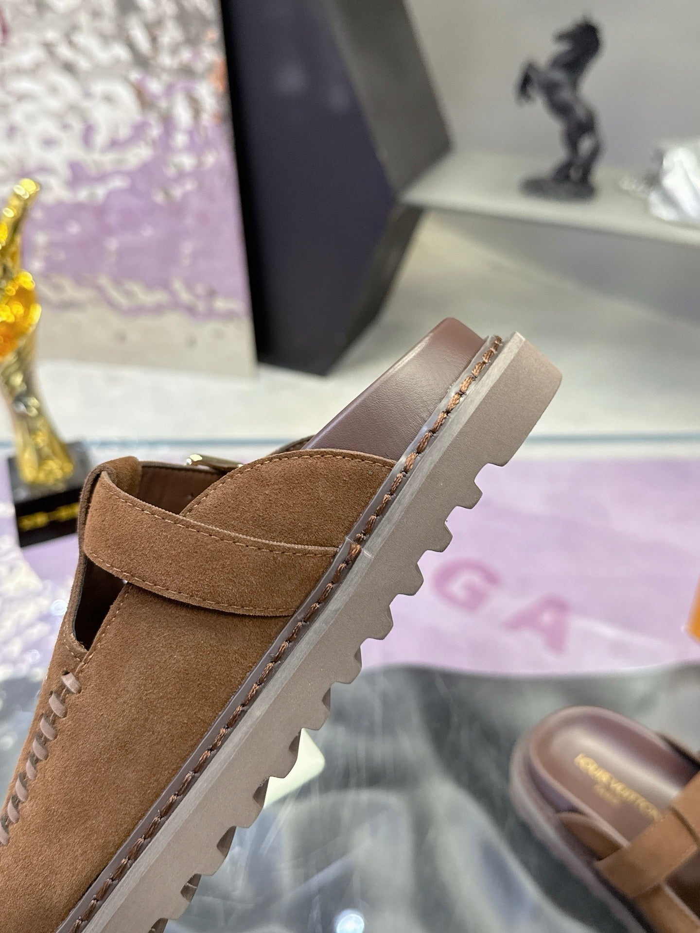 LV 26S MULE SLIDES IN DARK BROWN SUEDE BUCKLE STRAP