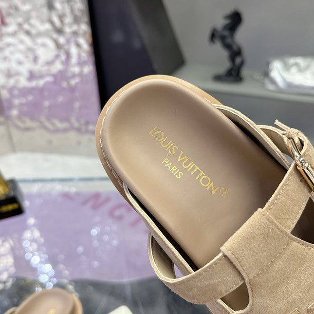 LV 26S MULE SLIDES IN BEIGE SUEDE BUCKLE STRAP