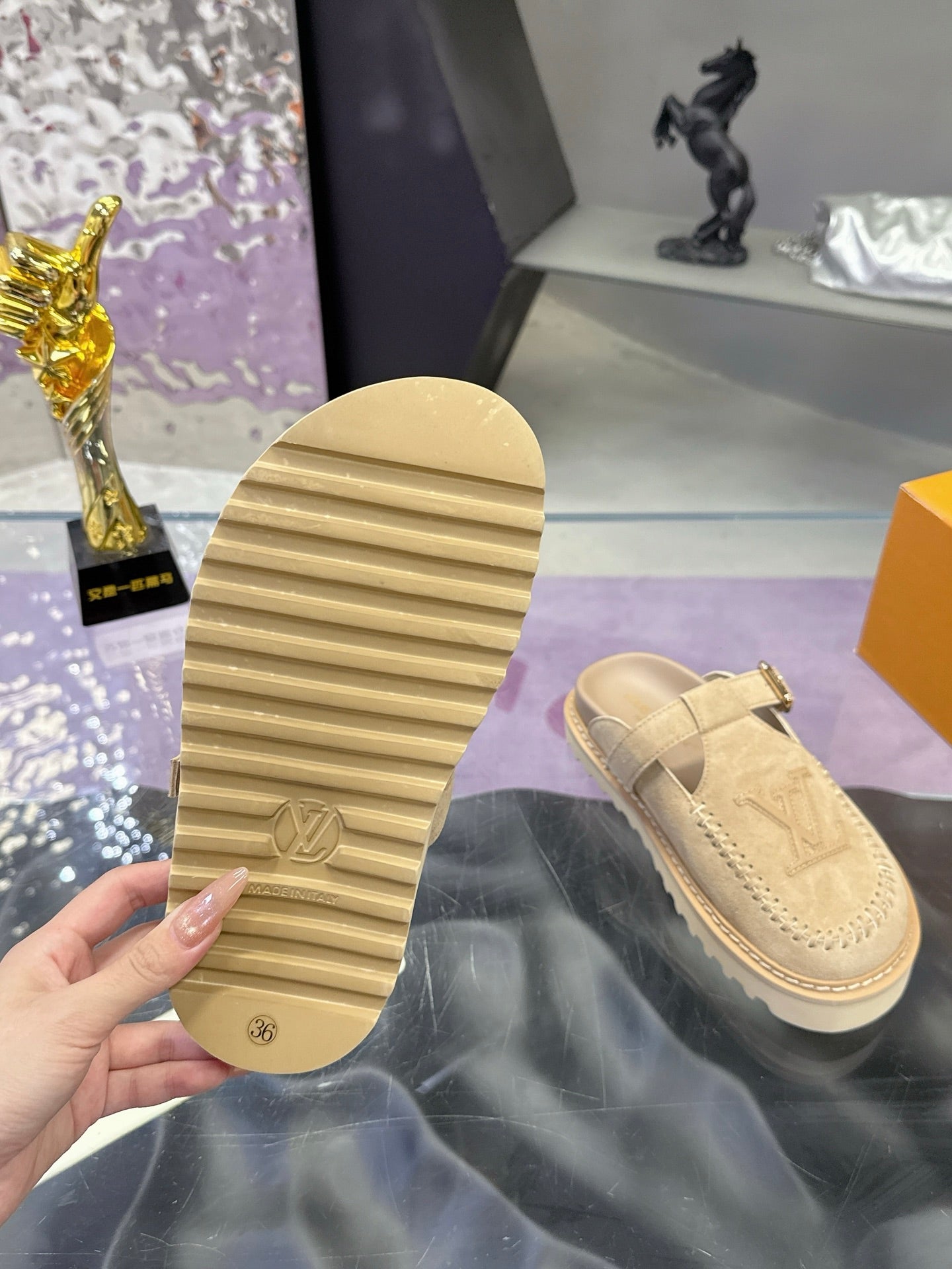 LV 26S MULE SLIDES IN BEIGE SUEDE BUCKLE STRAP