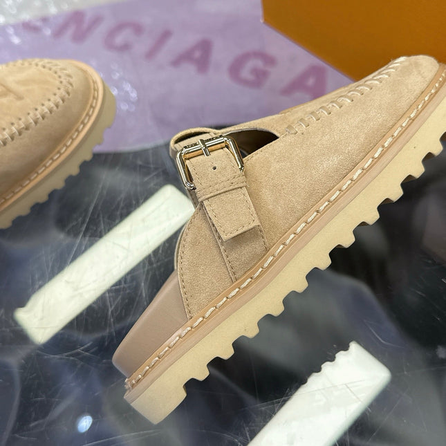LV 26S MULE SLIDES IN BEIGE SUEDE BUCKLE STRAP