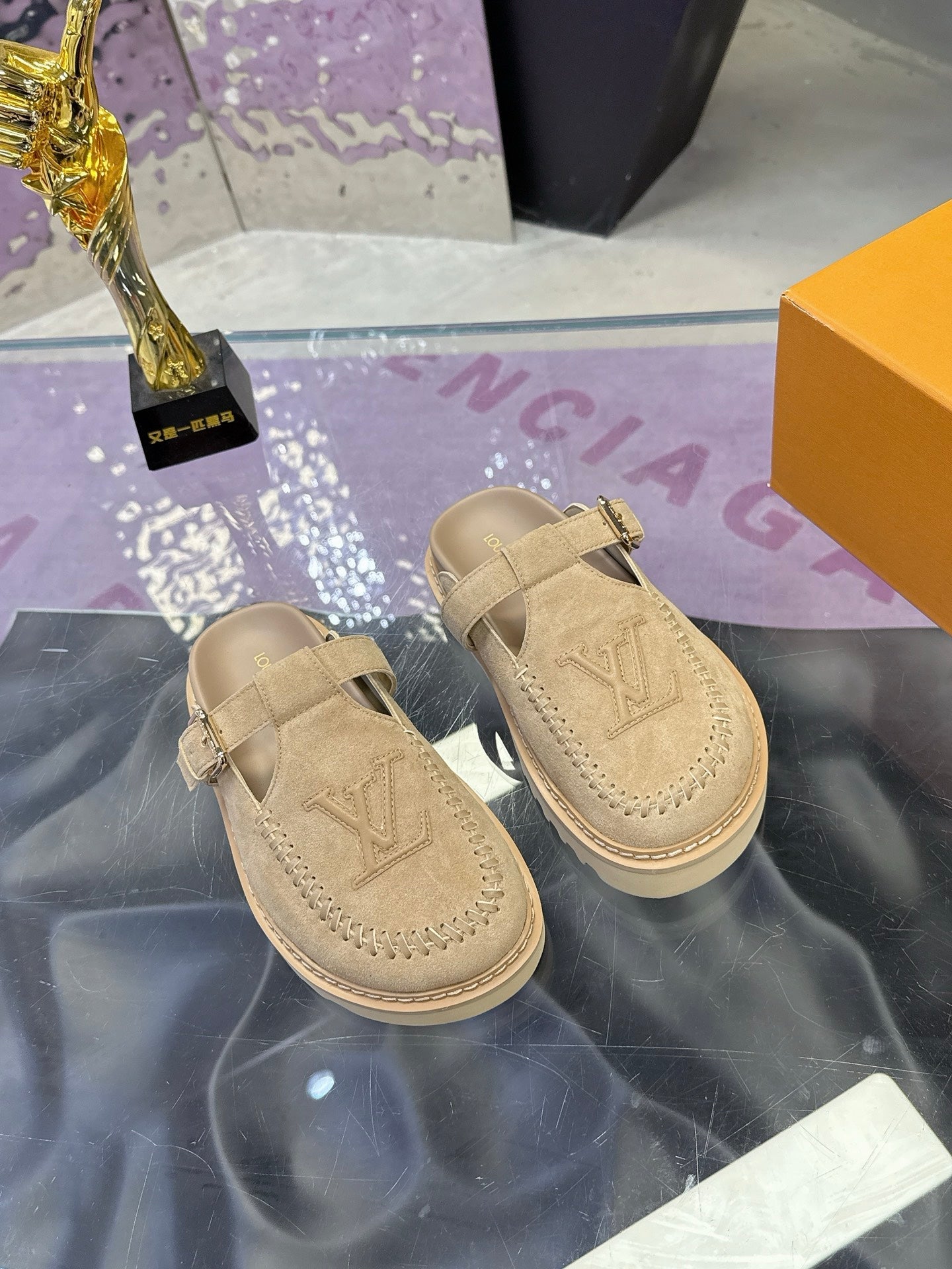 LV 26S MULE SLIDES IN BEIGE SUEDE BUCKLE STRAP