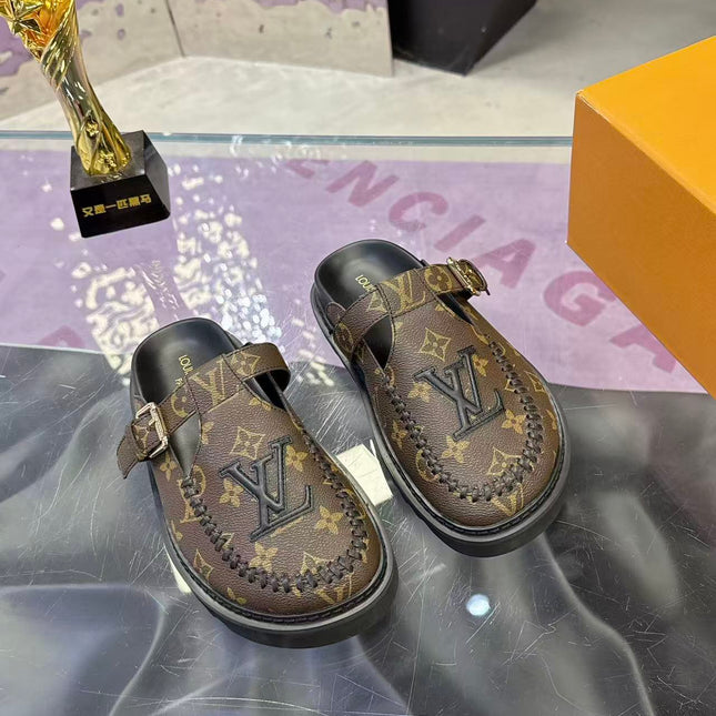 LV 26S MULE SLIDES IN DARK BROWN MONOGRAM CALFSKIN BUCKLE STRAP
