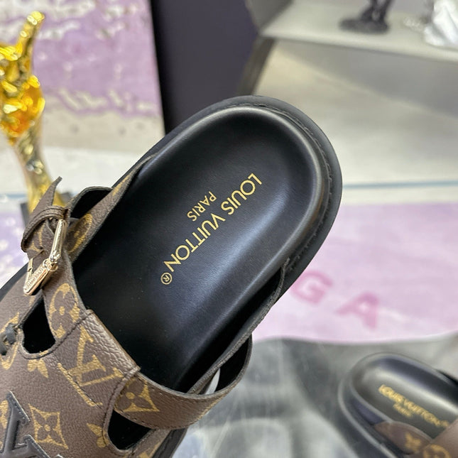 LV 26S MULE SLIDES IN DARK BROWN MONOGRAM CALFSKIN BUCKLE STRAP