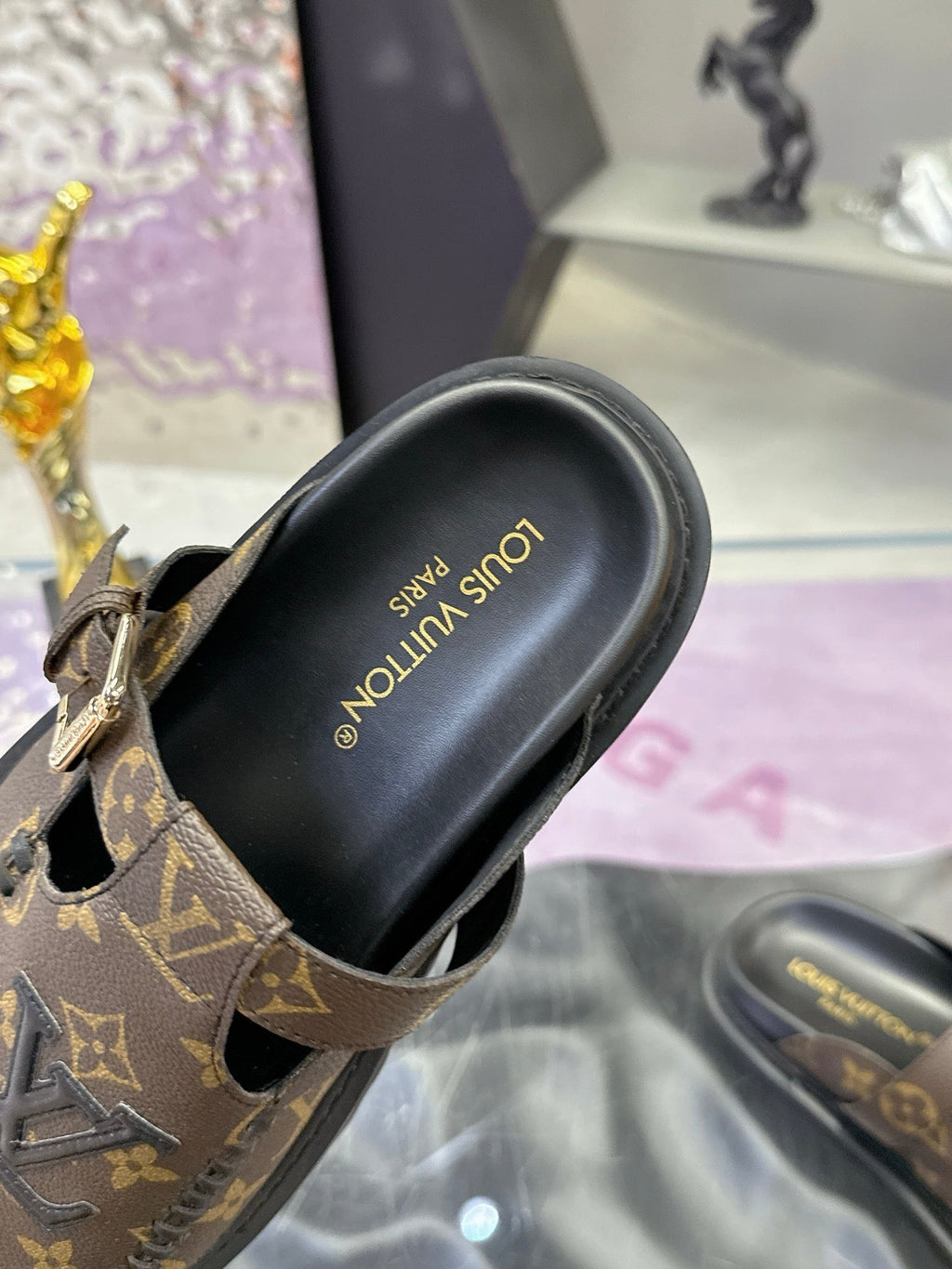 LV 26S MULE SLIDES IN DARK BROWN MONOGRAM CALFSKIN BUCKLE STRAP