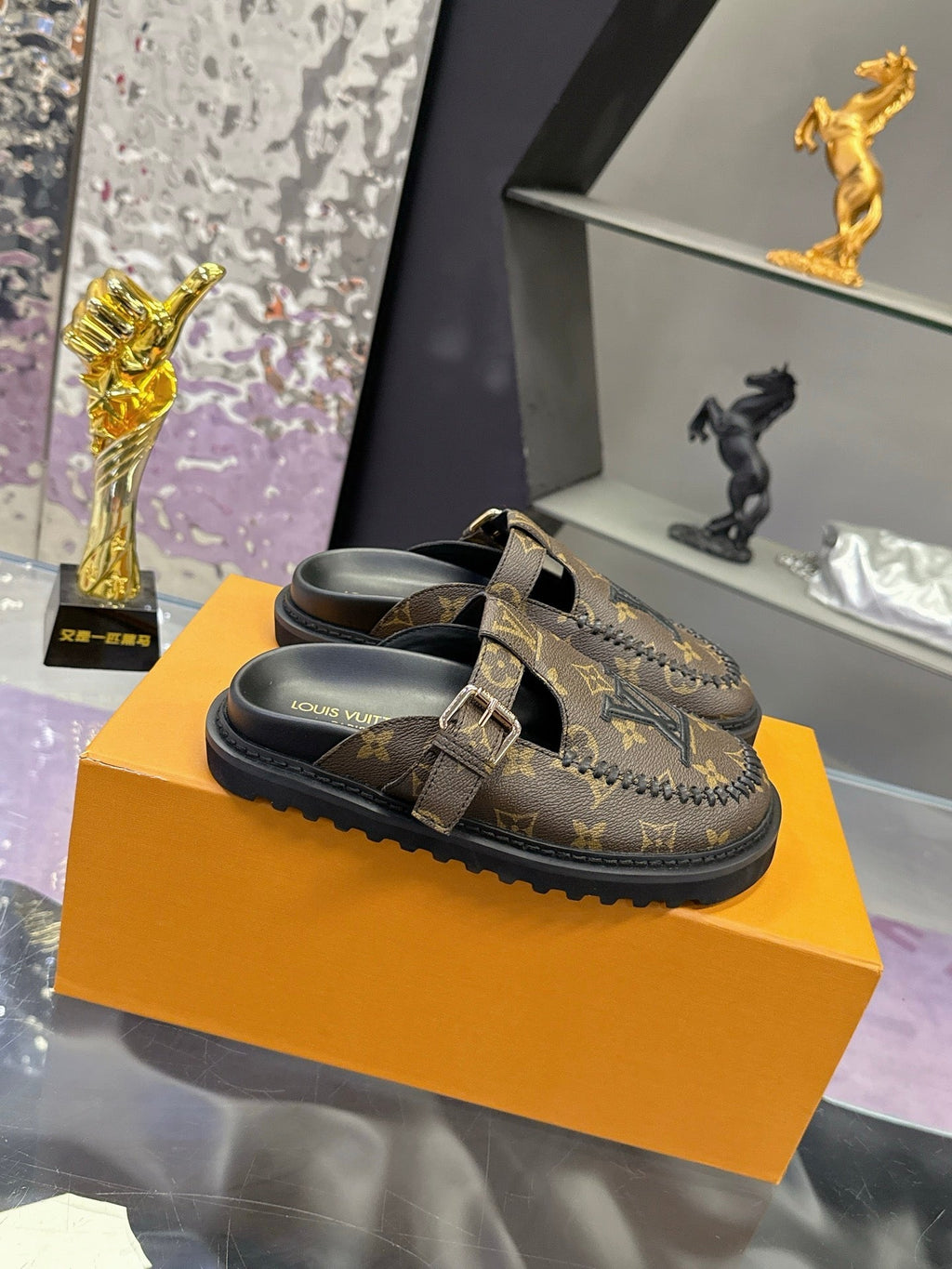 LV 26S MULE SLIDES IN DARK BROWN MONOGRAM CALFSKIN BUCKLE STRAP