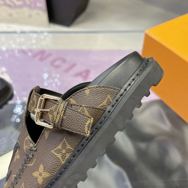 LV 26S MULE SLIDES IN DARK BROWN MONOGRAM CALFSKIN BUCKLE STRAP